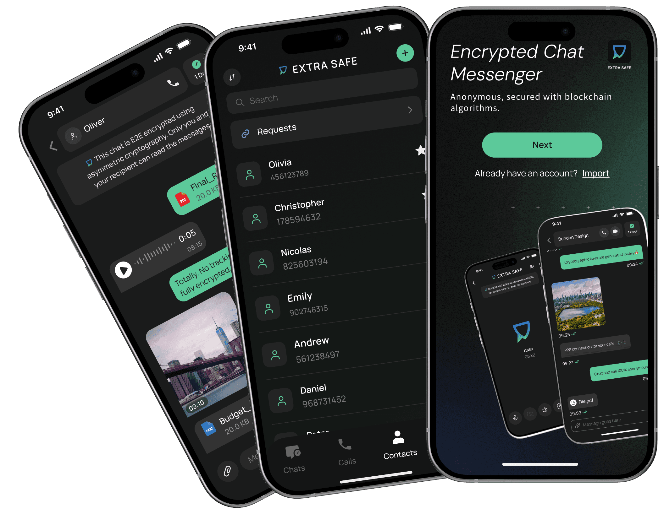 Encrypted, anonymous messenger secured with blockchain algorithms
