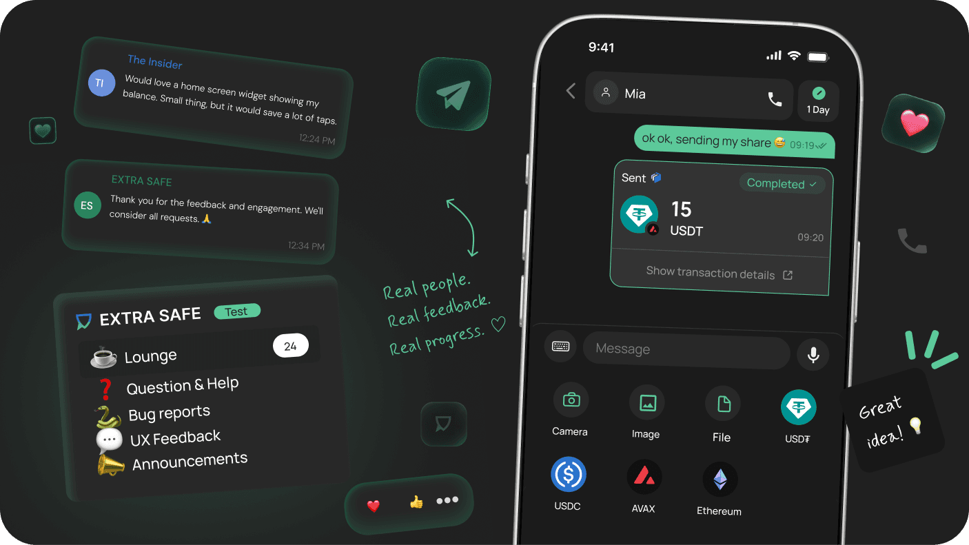 Insiders Hub feedback channels and a USDT transfer in chat