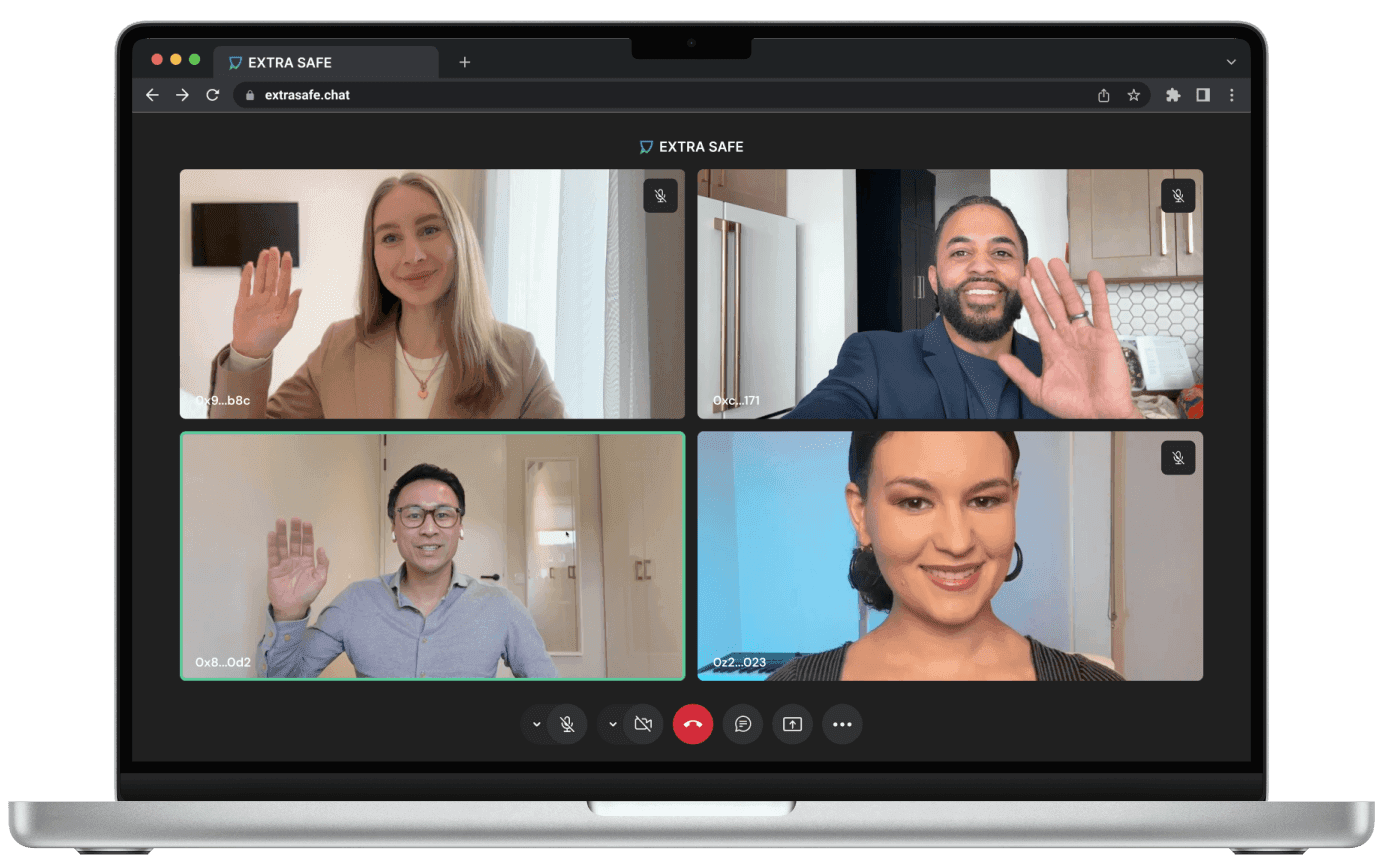 Secure video meeting with four participants using EXTRA SAFE browser app.